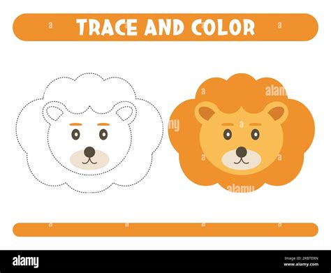 Trace And Color Cute Lion Worksheet For Kids Vector Illustration