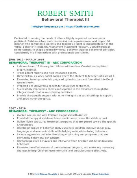 Behavioral Therapist Resume Samples Qwikresume