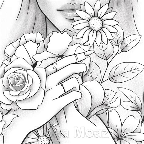 Printable Coloring Page Fantasy Floral Girl Portrait Etsy