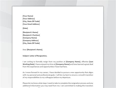 Professional Resignation Letter Template Editable Letter Of Resignation Template Printable