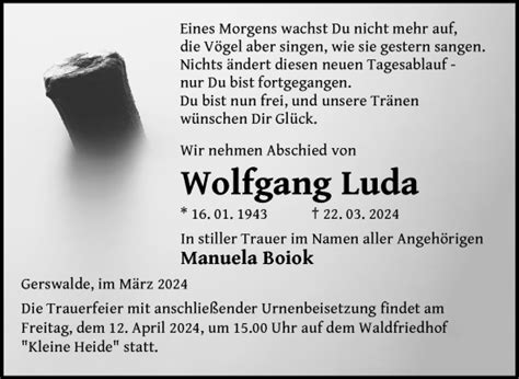 Traueranzeigen Von Wolfgang Luda Trauer Nordkurier