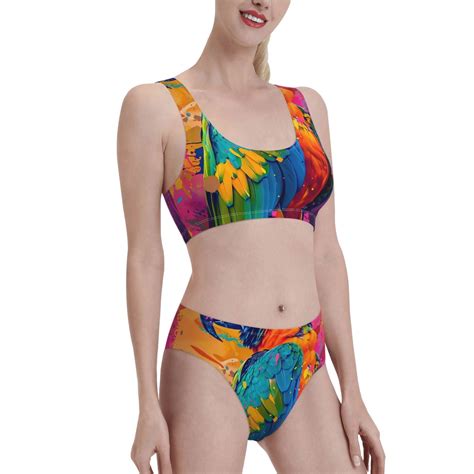 Noikeo Vibrant Parrot Splash Art Pattern Bikini Set For Women Two Piece Swimsuits Low Rise