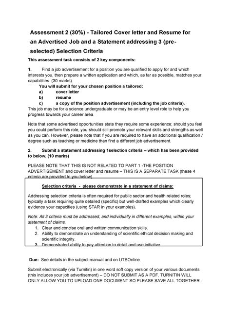 Assessment 2 Cover Letter Resume And Selection Criteria