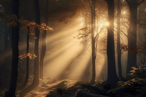 Un bosque con rayos de sol brillando a través de los árboles Foto