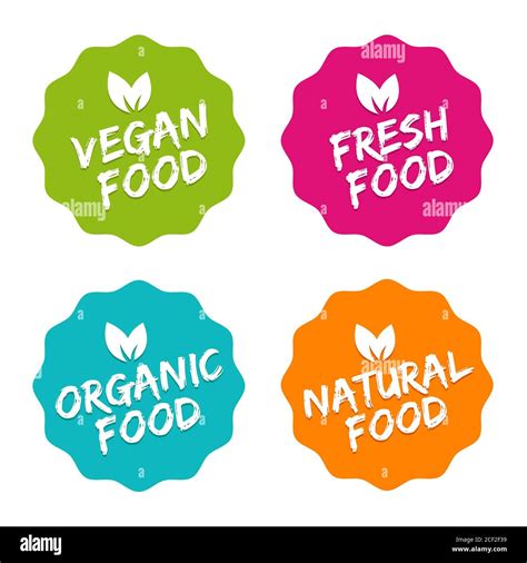 Set Of Food Badges Vegan Organic Natural And Fresh Food Vector Hand