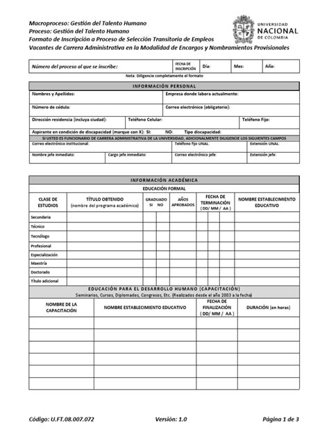 Uft08007072 01 Uft08007072 Formato De Inscripcin A Proceso De Seleccin Transitoria