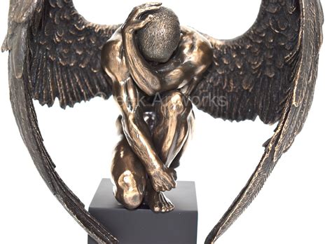 Winged Nude Male Angel Sitting On Plinth Bronze Finish Statue Sculpture