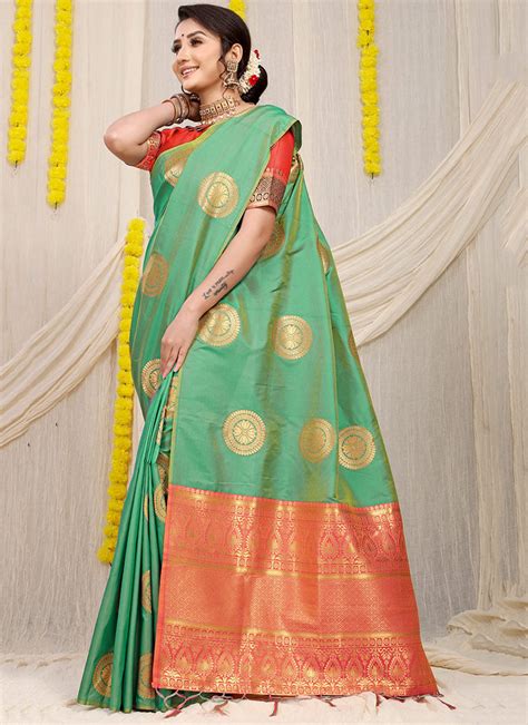 Shop Soft Patola Silk Zari Weaving Work Green Color Saree Festive Wear Online At Best Price