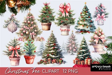 Vintage Christmas Tree Watercolor Clipart Bundle