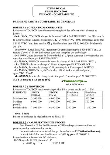 Sujet corrigé Etude de Cas BTS Finances Comptabilité 2008