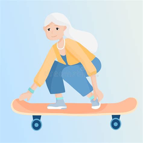 Elderly Woman Ride A Skateboard Senior Silver Generation Woman Riding