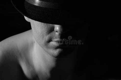 Man In A Black Hat With Naked Shoulders Black And White Stock Image Image Of Sexual Naked