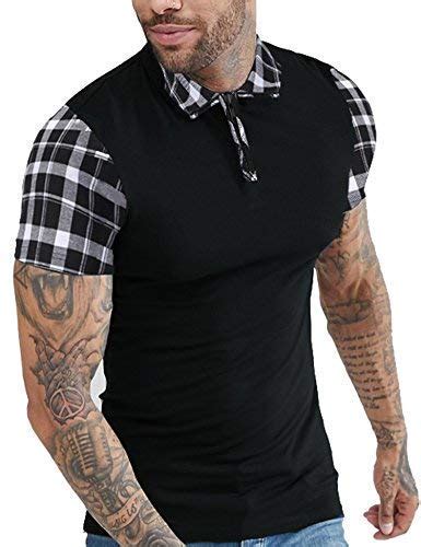 Coofandy Mens Casual Short Sleeve Polo Shirts Slim Fit Zipper Plaid