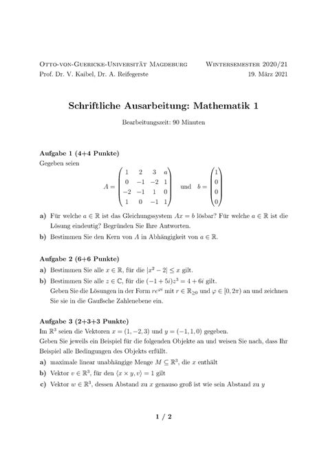 Ma1 Ws2021 Klausur Otto Von Guericke Universit At Magdeburg