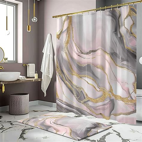 Modern Gray Marble Patterned Shower Curtain With Gold Glitter Accents