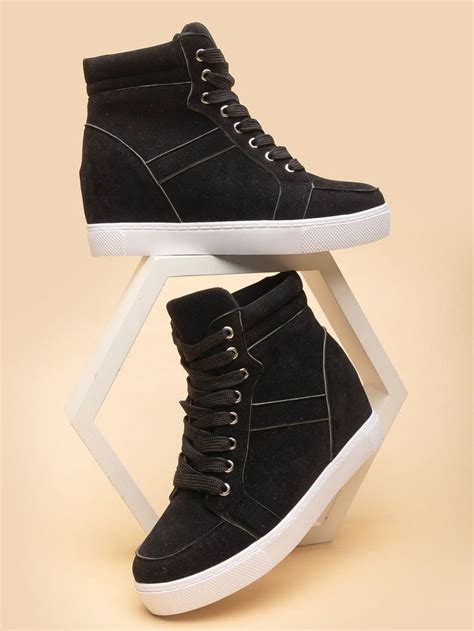 Black Fashionable Plain Embellished Women Shoes High Top Wedges High Top Wedge Sneakers