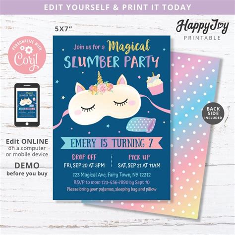 Slumber Party Night Invite Unicorn Sleepover Girls Birthday Invitation