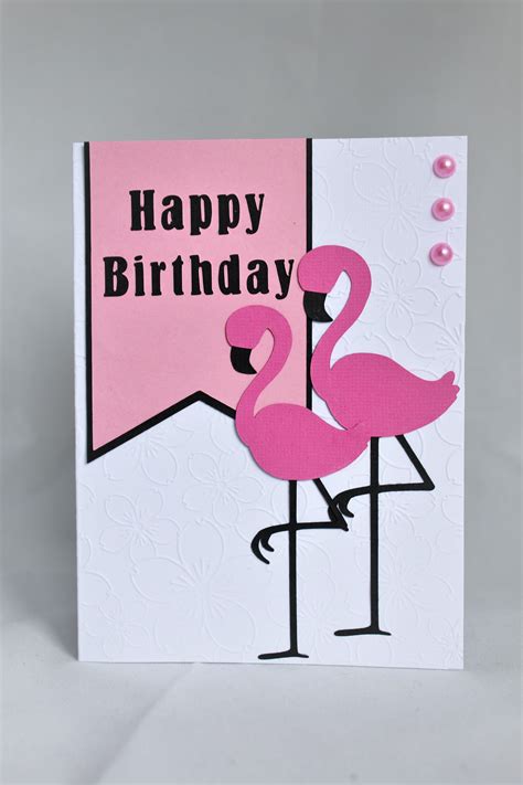 Pink Flamingo Birthday Card With Flower Embossed Background Blank Inside And Envelope Included