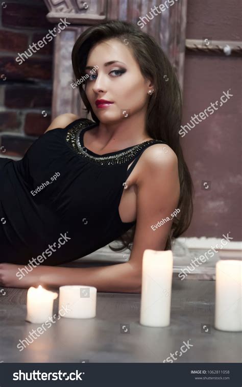 Sexy Brunette Dress Candles By Fireplace Stock Photo Shutterstock