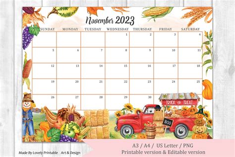 Calendario Editable Noviembre 2023 Día De Acción De Gracias Etsy España