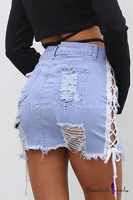 Light Blue Sexy Hollow Out Lace Up Side Distressed Ripped Raw Hem Mini