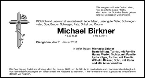 Traueranzeigen Von Michael Birkner Trauer Nn De