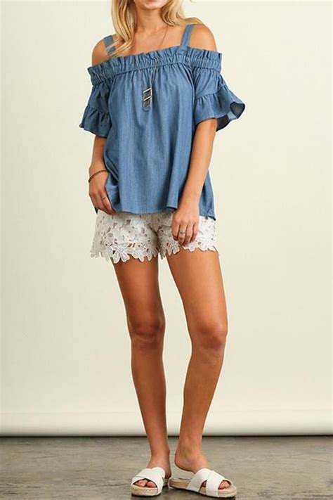 Umgee Usa Denim Ruffle Top Tops Womens Tops Denim Top