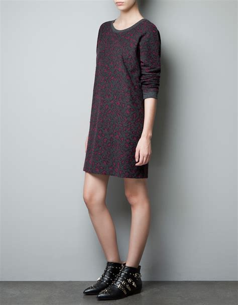 Zara Leopard Print Knitted Dress In Red Dark Lead Lyst