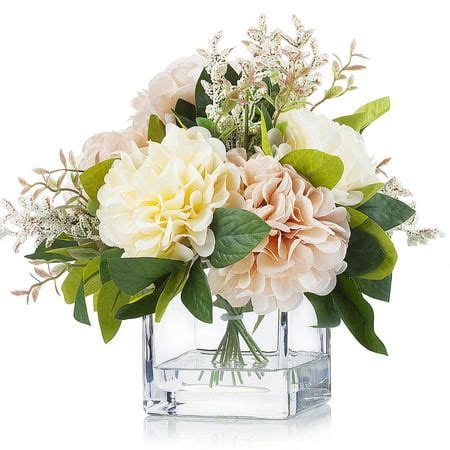 Enova Home Artificial Silk Dahlias In Cube Glass Vase With Faux Water