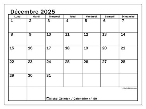 Calendrier n 50 décembre 2025 Michel Zbinden FR