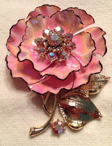 Vintage Signed Coro Enamel Brooch Pin Pink Floral Flower Rhinestones