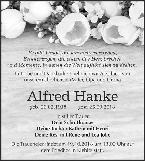 Traueranzeigen Von Alfred Hanke Abschied Nehmen De