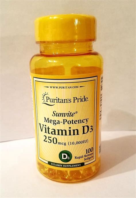 100 Puritans Pride Sunvite Mega Potency Vitamin D3 10000 IU Softgels