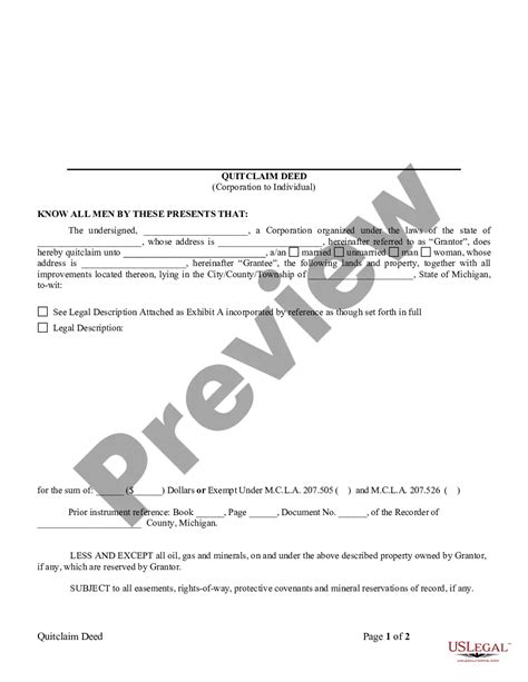 Michigan Quitclaim Deed From Corporation To Individual Michigan Quit