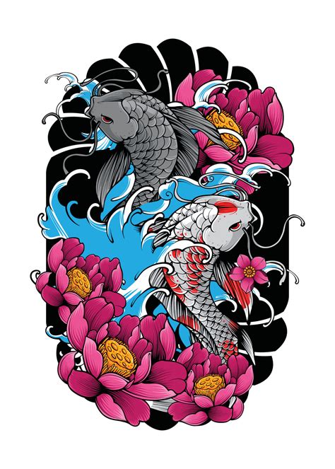 Koi Fish with Japanese Wave and Flowers Tattoo Japanese Illustration Style Isolated Vector ...