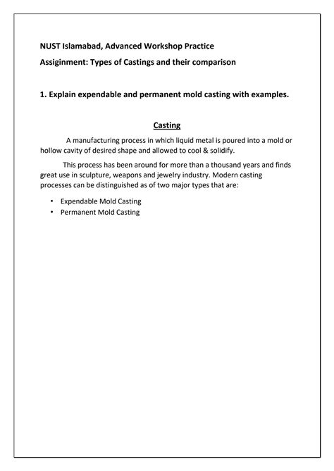 Solution Types Of Castings And Their Comparison Studypool