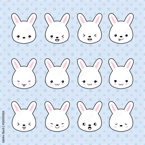 Set of Cartoon bunny stickers. Funny and kawaii smiles, emoji ...