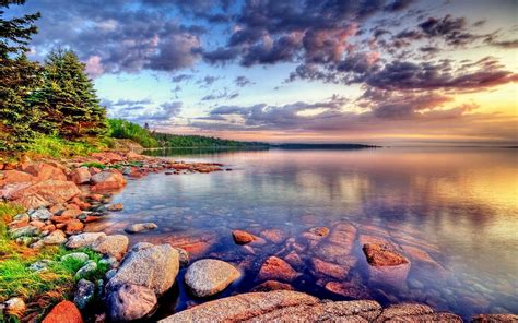 Landscape Nature Scotland Lake Stone Forest Green Trees Sky With Dark ...