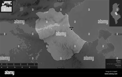 Gabès governorate of Tunisia Grayscaled map with lakes and rivers