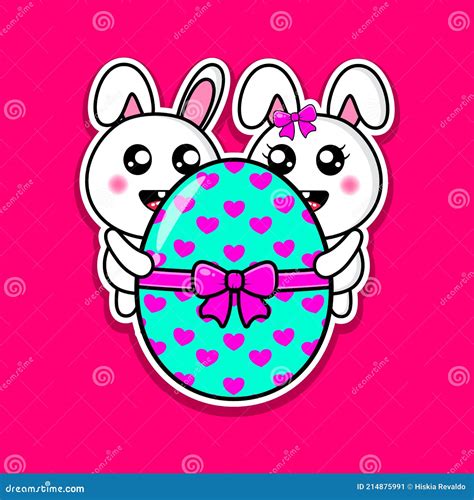 Cute Couple Bunny Hugging A Big Easter Egg Design Kawaii Stock Vector Illustration Of April