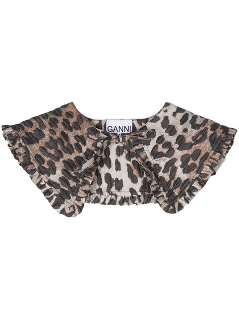 Ganni Ruffle Trimmed Leopard Print Organic Cotton Collar In Brown