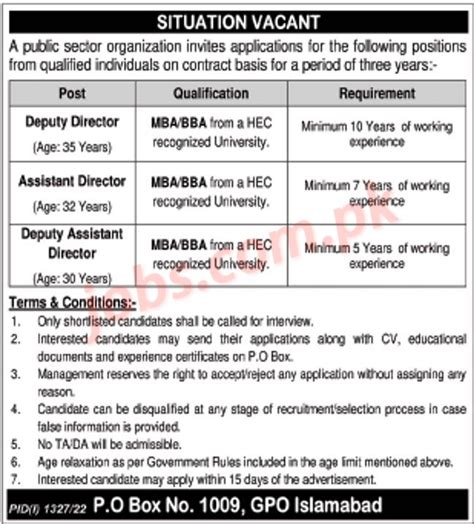 PO Box 1009 Islamabad Public Sector Organization Assistant Director