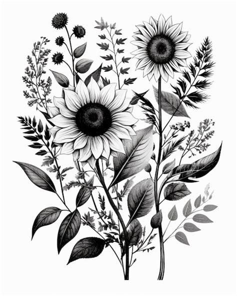 Premium Photo A Black And White Drawing Of Sunflowers And Leaves