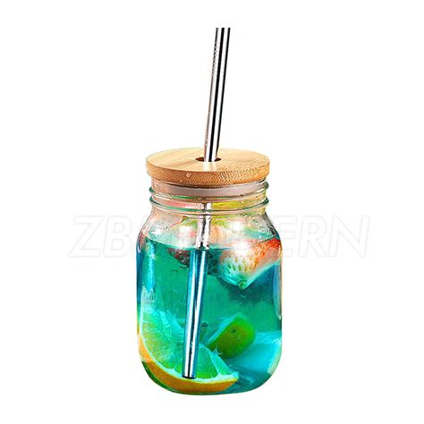 Reusable Glass Cup Glass Jar Bamboo Lids With Hole Straw For Mason Jar