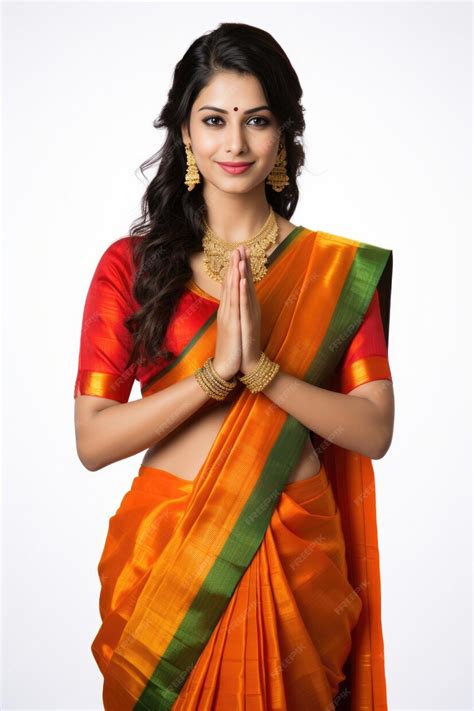 Premium Photo Indian Pretty Woman In Saree In Prayer Pose Or