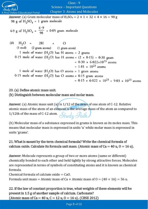 Important Questions For Class 9 Science Chapter 3 Atoms And Molecules