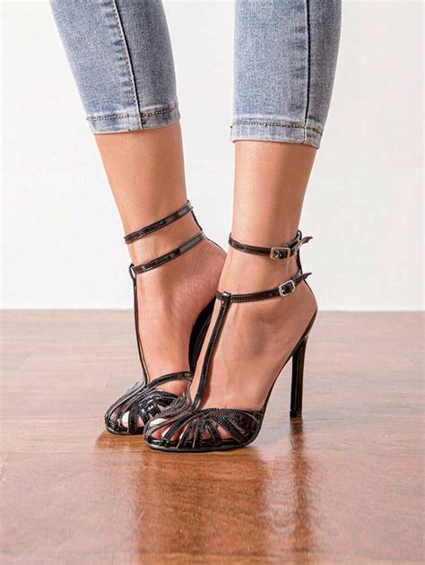 Womens Black Ankle Strap Stiletto Sandals Hollow Out Strappy High