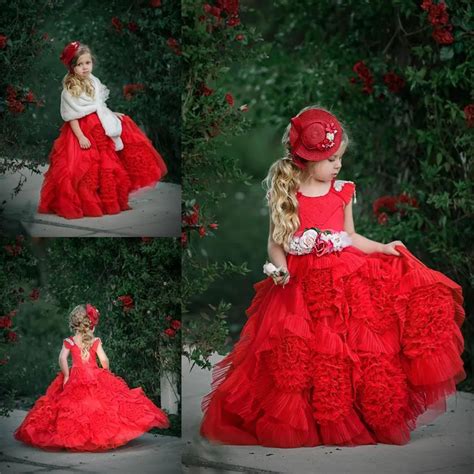 Dollcake Red Ruffles Flower Girl Dresses With Sashes Lace Ball Gown Tutu 2019 Boho Wedding