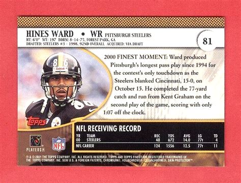 Topps Pristine Fb Hines Ward Pittsburgh Steelers Chrome Card