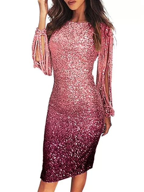 Womens Dress Tassel Long Sleeve Gradient Sequin Dress Pink S In 2023